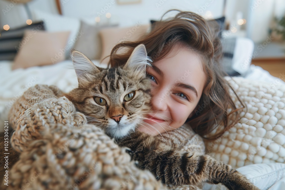 portrait of a cute smiling caucasian young woman hugging a tabby cat in a bright room portrait of a cute smiling caucasian young woman hugging a tabby cat in a bright room