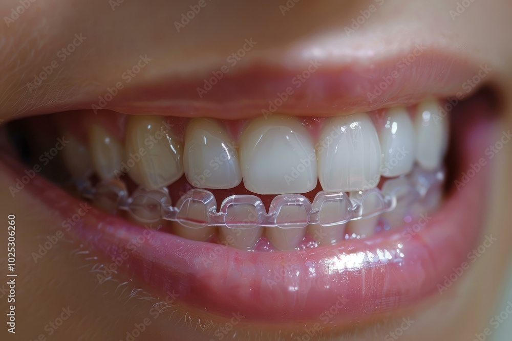 Fototapeta premium Closeup of a smile with invisible removable braces for dental correction
