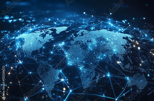 A digital map of the world with glowing lines connecting various points, representing global connectivity
