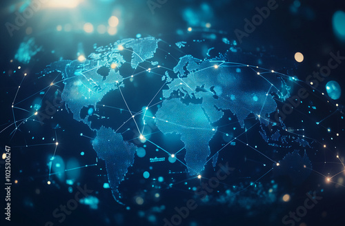 An abstract illustration depicts a world map with glowing lines connecting points on a blue background. The lines resemble connections between different points on the globe.
 photo