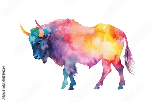 watercolor colorful silhouette bison bull isolated on white background photo