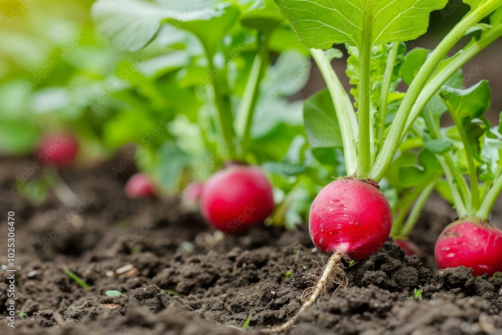 Several red radishes growing in the ground in the garden are ready to be harvested Several red radishes growing in the ground in the garden are ready to be harvested