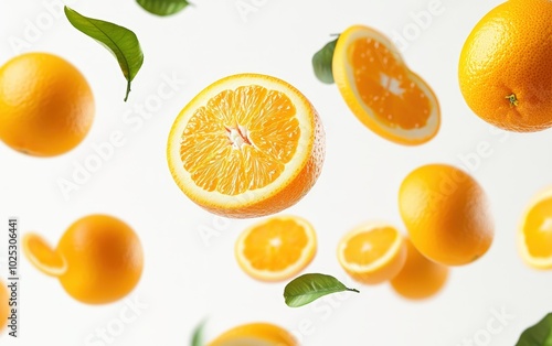 juicy oranges flying through the air against a pure white background.