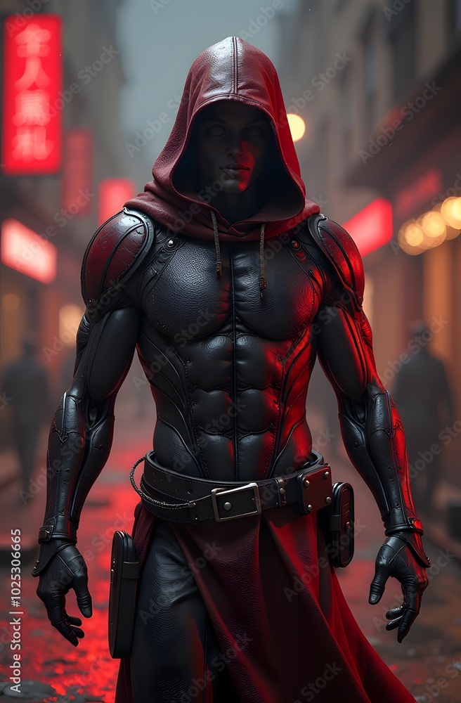 A figure in sleek black attire and a hood stands poised on a wet street, illuminated by soft red lights from nearby shops. The atmosphere is tense and intriguing A figure in sleek black attire and a hood stands poised on a wet street, illuminated by soft red lights from nearby shops. The atmosphere is tense and intriguing