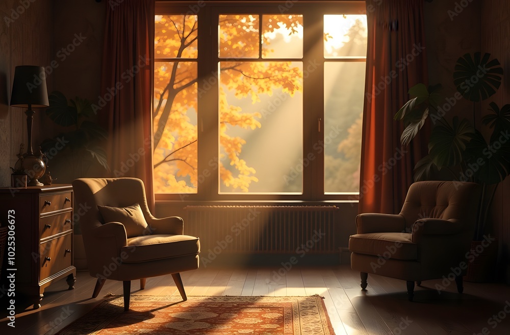 Fototapeta premium Soft rays of autumn sunlight illuminate a cozy living room with two chairs facing a window. Outside, colorful fall leaves add warmth to the serene atmosphere