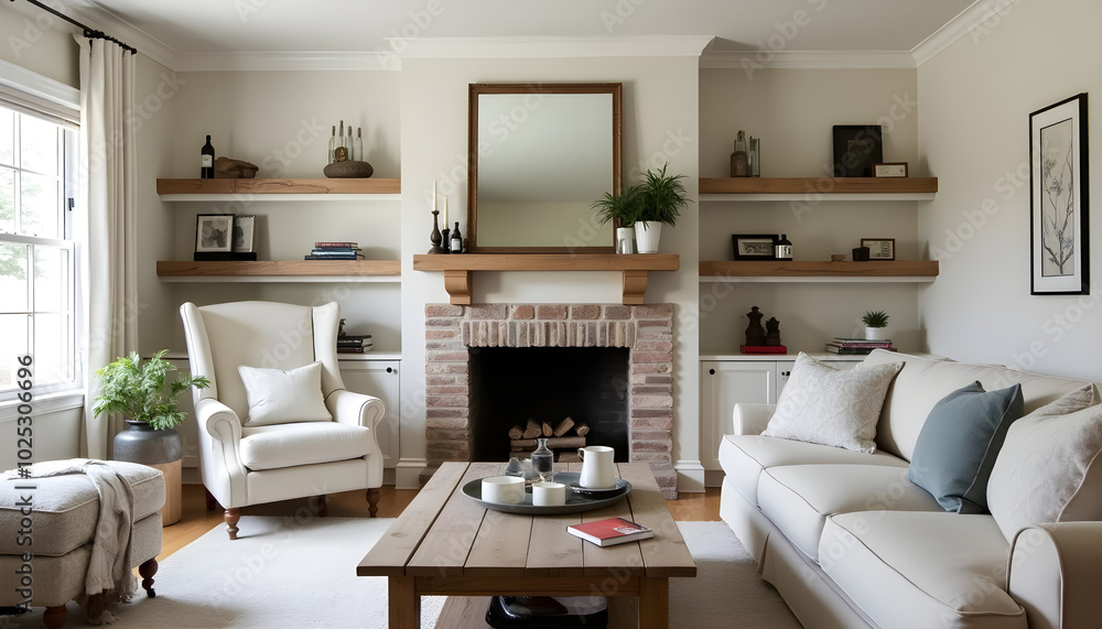 Farmhouse-style living room with a cozy fireplace, reclaimed wood furniture, and neutral colors Farmhouse-style living room with a cozy fireplace, reclaimed wood furniture, and neutral colors