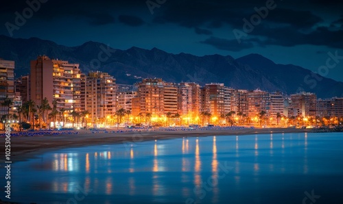 Beautiful view on blue hour to city beach, buildings and mountains