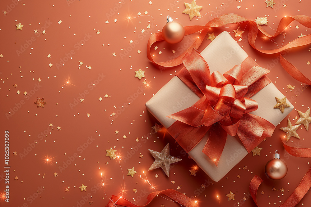 A box with a red ribbon sits on a table with a starry background A box with a red ribbon sits on a table with a starry background