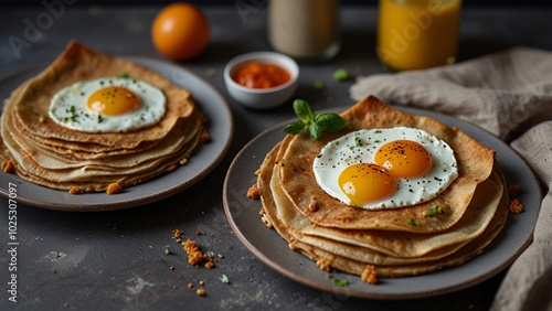 Homemade buckwheat crepes. Galettes bretonnes with cheese and fried egg on a gray background. Traditional French cuisine. photo