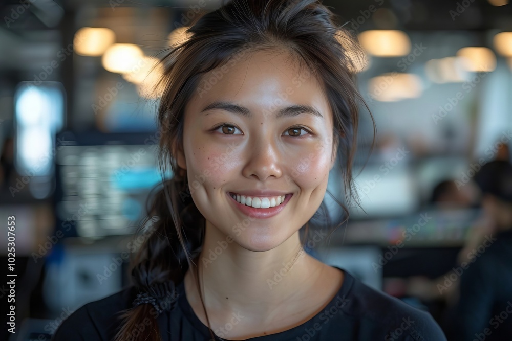 Smiling Female UI/UX Designer in Action Smiling Female UI/UX Designer in Action