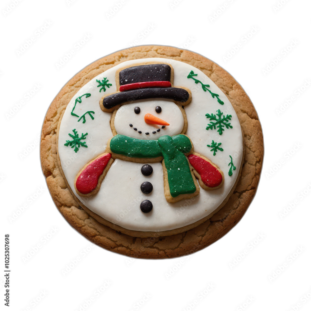 Fototapeta premium Delicious holiday cookie featuring a cheerful snowman design on a festive backdrop during the winter season