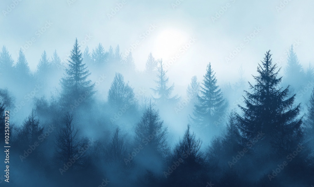 Dramatic Seasonal Background with Snow covered Tree Silhouettes in Fog. Blue Winter Woodland Banner Dramatic Seasonal Background with Snow covered Tree Silhouettes in Fog. Blue Winter Woodland Banner