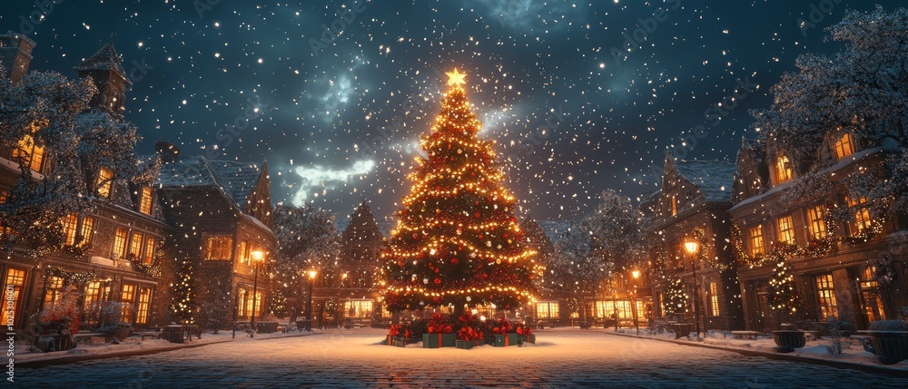Festive 3D Illustration of a Winter Town Square Festive 3D Illustration of a Winter Town Square