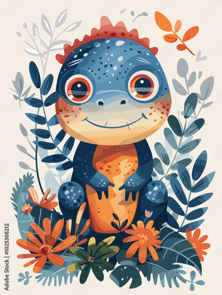 Cute dinosaur with flowers and leaves. Vector illustration for kids.