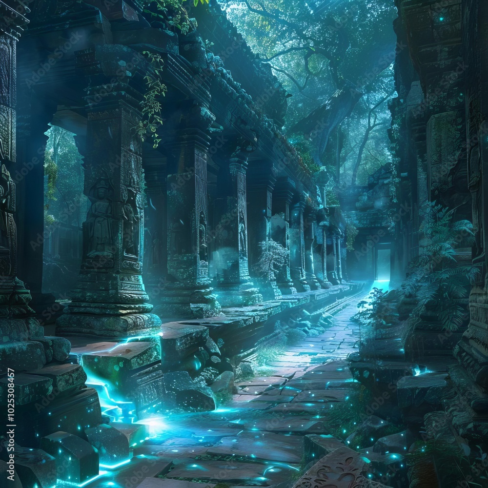 An ancient temple with bioluminescent carvings and glowing pathways, set in a mystical forest An ancient temple with bioluminescent carvings and glowing pathways, set in a mystical forest