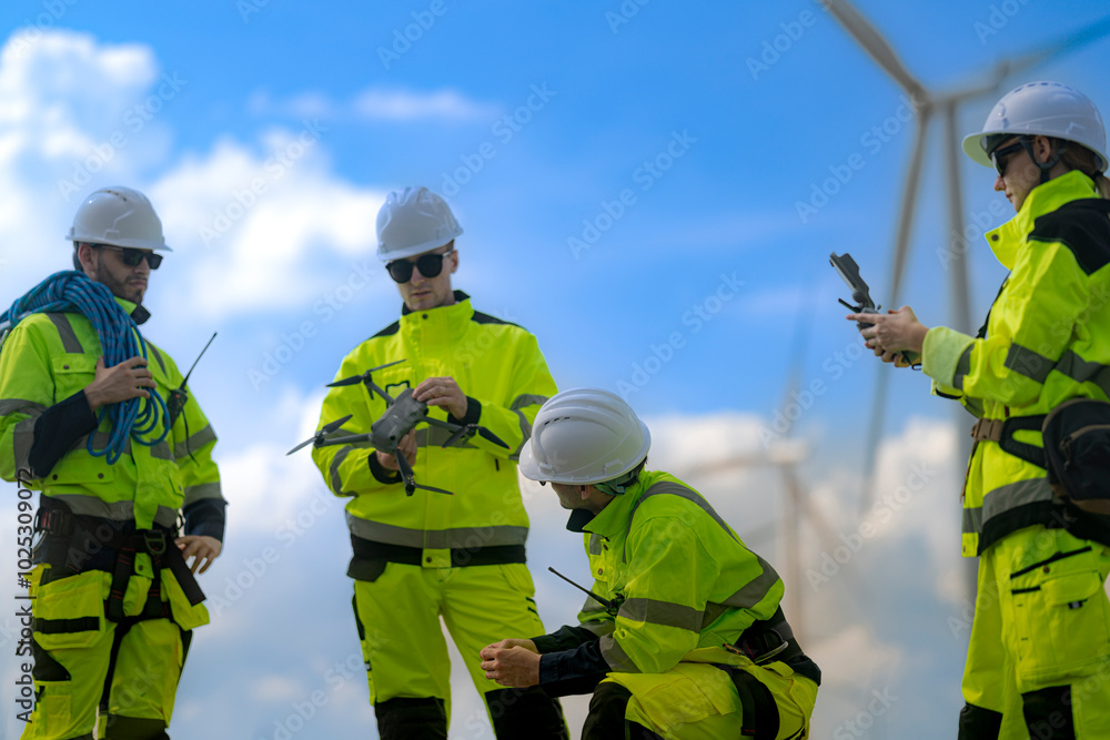 A group of engineers dressed in high-visibility uniforms and helmets conducts an inspection at a wind farm. Using technical devices, they monitor the wind turbines under a bright blue sky. A group of engineers dressed in high-visibility uniforms and helmets conducts an inspection at a wind farm. Using technical devices, they monitor the wind turbines under a bright blue sky.