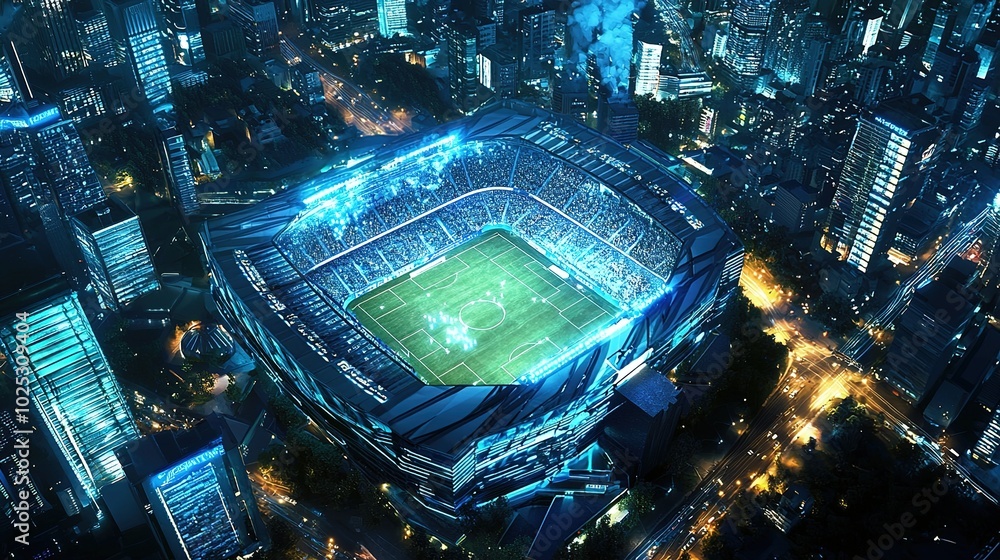 A dazzling aerial view of a stadium illuminated at night, surrounded by a vibrant cityscape, showcasing a lively atmosphere. A dazzling aerial view of a stadium illuminated at night, surrounded by a vibrant cityscape, showcasing a lively atmosphere.