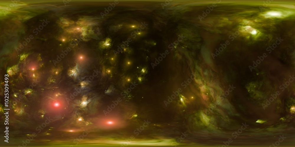 Naklejka premium 12K HDRi Space Gold Skybox with Nebula and Stars in Seamless Equirectangular Panorama for 3D Scenes and Game Assets