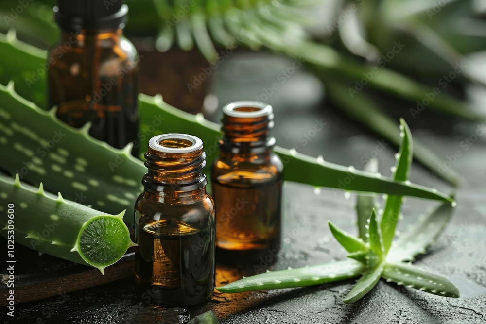 Bottles of essential oil surrounded by fresh aloe vera on a wet black surface Bottles of essential oil surrounded by fresh aloe vera on a wet black surface