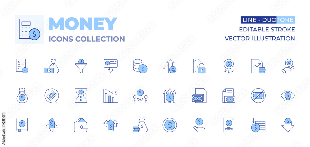 Money icons collection. Line Duotone style, editable stroke. income, extract, rocket, business, money, time is money, sales funnel, money loss, money bag, bank check Money icons collection. Line Duotone style, editable stroke. income, extract, rocket, business, money, time is money, sales funnel, money loss, money bag, bank check
