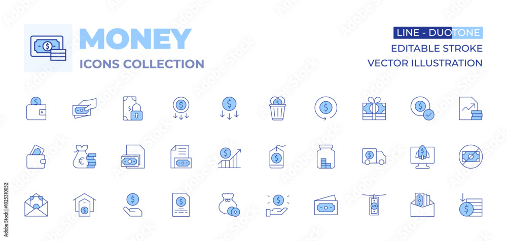 Money icons collection. Line Duotone style, editable stroke. money, earnings, wallet, debt, house, cost, stock, application, money bag, business, increase Money icons collection. Line Duotone style, editable stroke. money, earnings, wallet, debt, house, cost, stock, application, money bag, business, increase