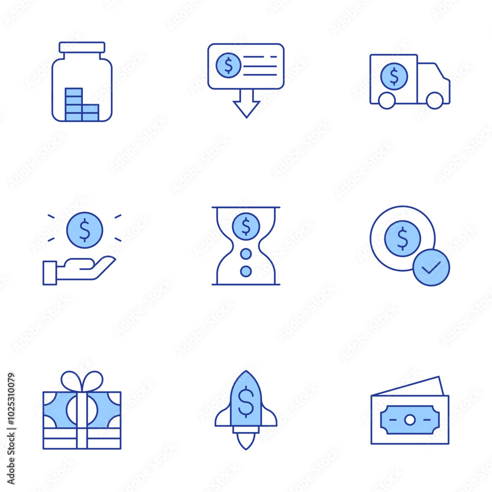 Money icons set. Line Duotone style, editable stroke. extract, rocket, time is money, save money, money transport, money, dollar Money icons set. Line Duotone style, editable stroke. extract, rocket, time is money, save money, money transport, money, dollar