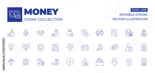 Money icons collection. Thin Line icons, editable stroke. business, arrows, earnings, money, return of investment, house, charity, sales funnel, light bulb, badge, extract