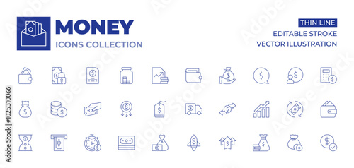 Money icons collection. Thin Line icons, editable stroke. price tag, cost, money, money transport, money bag, countdown, time is money, taking cash, rocket
