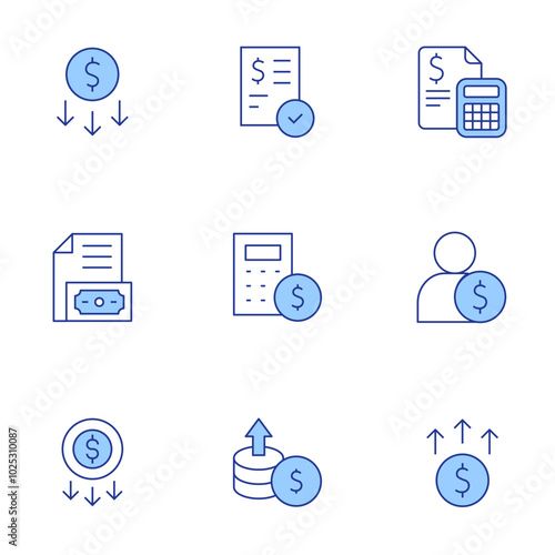 Money icons set. Line Duotone style, editable stroke. increase, calculator, bank check, employee, cost, business