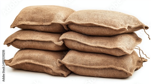 Stack of six burlap sacks on isolated on white background