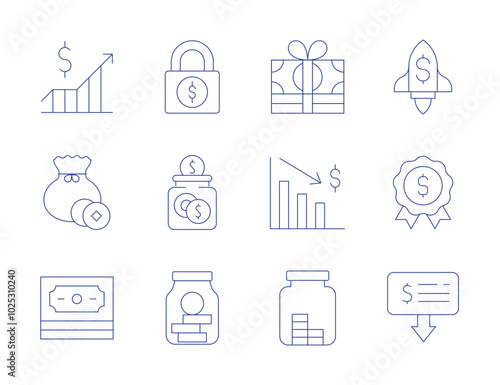 Money icons. Thin Line style, editable stroke. money, money loss, save money, stock, lock, savings, jar, money bag, rocket, badge, extract