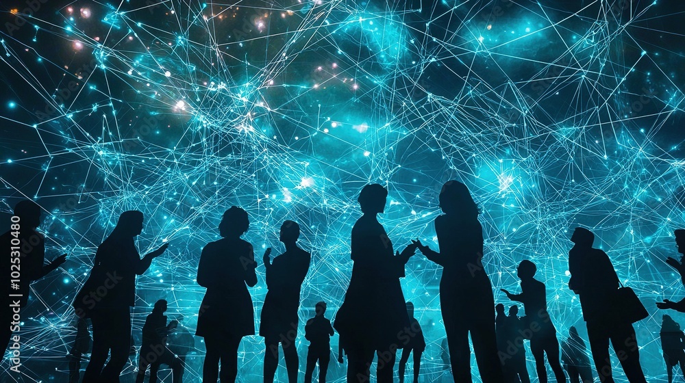 A mesmerizing display of blue, interconnected lights with silhouettes of people, evoking a sense of wonder and digital connectivity. A mesmerizing display of blue, interconnected lights with silhouettes of people, evoking a sense of wonder and digital connectivity.