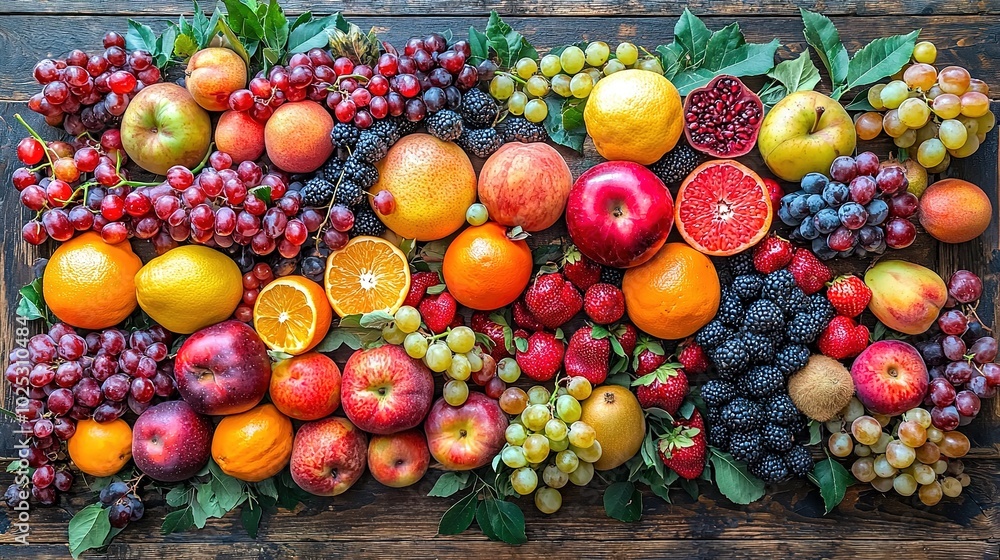 A vibrant assortment of fresh fruits arranged beautifully on a wooden surface, featuring apples, oranges, grapes, and berries with green leaves. A vibrant assortment of fresh fruits arranged beautifully on a wooden surface, featuring apples, oranges, grapes, and berries with green leaves.
