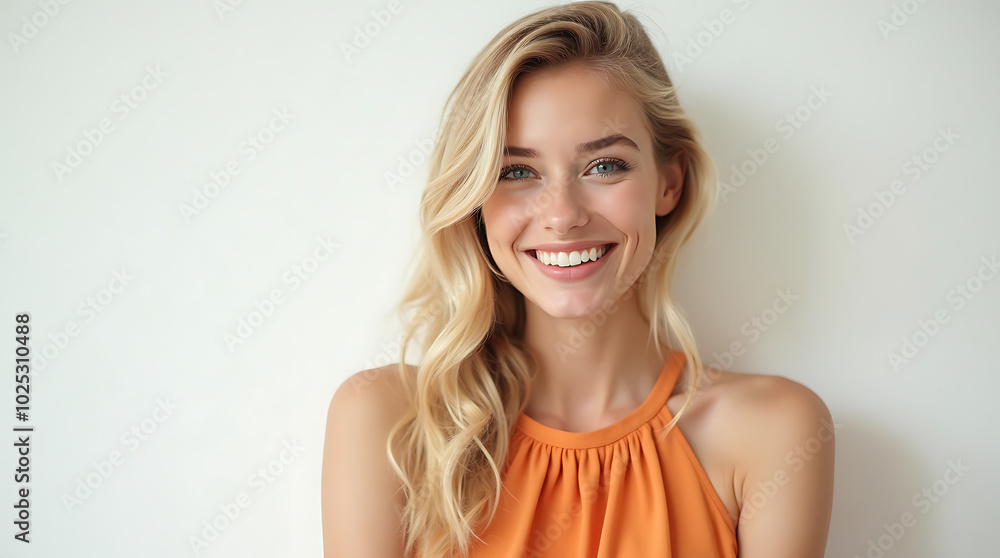 Portrait of a Smiling Woman in an Orange Dress Against a White Background, Radiating Joy and Positivity Portrait of a Smiling Woman in an Orange Dress Against a White Background, Radiating Joy and Positivity