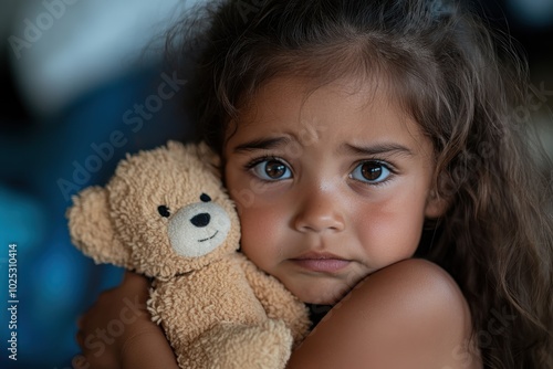 A young child embraces her stuffed teddy bear with a look of deep concern, capturing a moment of innocence and vulnerability in a tender, emotional scene.