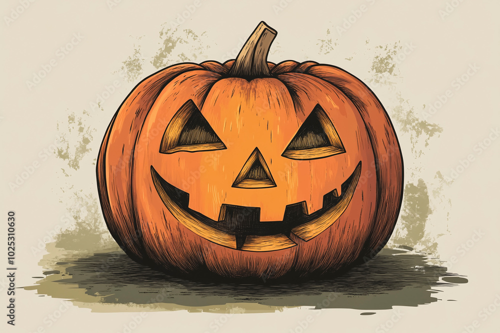 Illustrated Halloween Pumpkin with Grinning Jack-O'-Lantern Design Illustrated Halloween Pumpkin with Grinning Jack-O'-Lantern Design