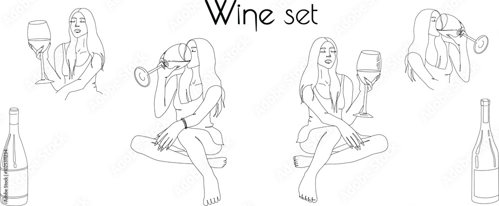 Wine set continuous line isolated illustration. Girls with wine glass and bottles of alcohol collection in minimalist outline. Design for label, packaging, card, website, applications. Wine set continuous line isolated illustration. Girls with wine glass and bottles of alcohol collection in minimalist outline. Design for label, packaging, card, website, applications.