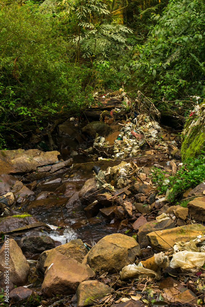 Creek full of trash in the countryside of Sao Francisco de Paula, South of Brazil Creek full of trash in the countryside of Sao Francisco de Paula, South of Brazil
