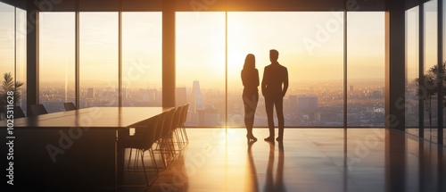 A woman and a man standing in front of the window, overlooking the city from the high-up top-floor meeting room Generative AI