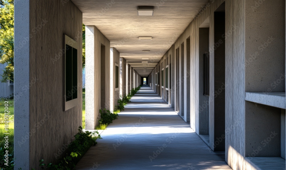 Brutalist student housing with blocky, repetitive units, exposed concrete surfaces, and narrow, shadow-filled corridors. Brutalist student housing with blocky, repetitive units, exposed concrete surfaces, and narrow, shadow-filled corridors.