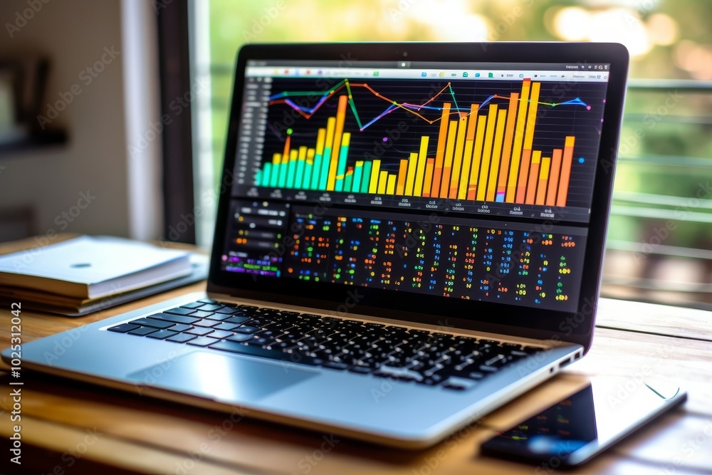 A laptop displaying analytical graphs and data charts on a wooden desk in a bright workspace A laptop displaying analytical graphs and data charts on a wooden desk in a bright workspace