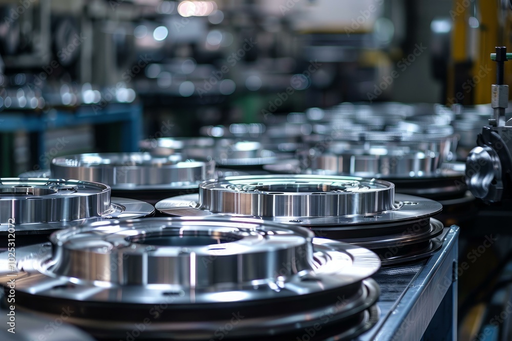 Shiny new metal components waiting for the next step on a production line Shiny new metal components waiting for the next step on a production line
