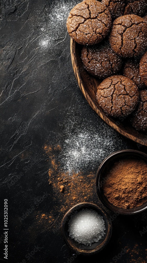 Vertical format, Freshly baked chocolate cookies on a rustic wooden countertop with sugar and cocoa powder in small bowls nearby Vertical format, Freshly baked chocolate cookies on a rustic wooden countertop with sugar and cocoa powder in small bowls nearby