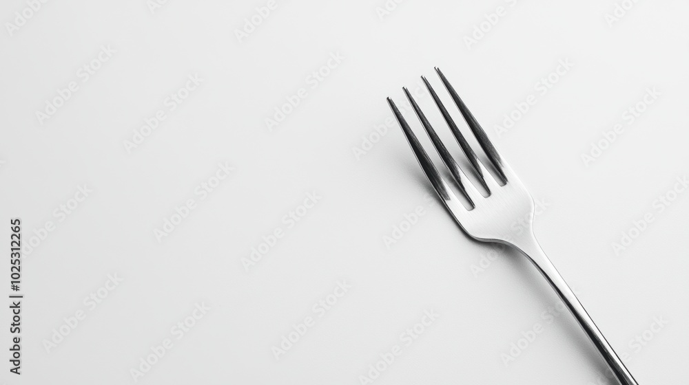 Single silver fork lying diagonally on a white surface, minimalistic dining utensil. Single silver fork lying diagonally on a white surface, minimalistic dining utensil.