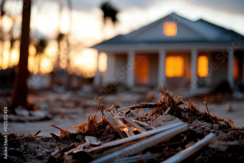 Amidst debris post-catastrophe, a sunset casts a warm glow over a lonely house, evoking a sense of loss yet hope, within a devastated landscape.