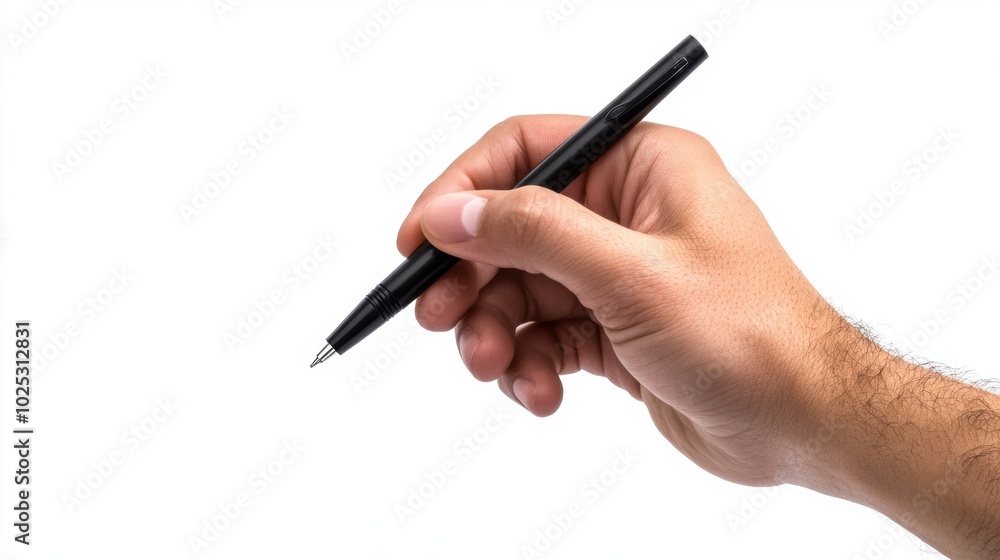 Close-up of a hand holding a pen against a white background, ready to write or draw. Minimalistic image focusing on the act of planning. Close-up of a hand holding a pen against a white background, ready to write or draw. Minimalistic image focusing on the act of planning.