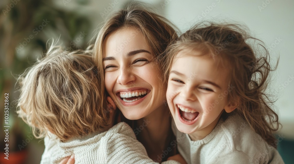 Mother and children laughing and playing together in a simple room, minimalistic scene with few details. Mother and children laughing and playing together in a simple room, minimalistic scene with few details.