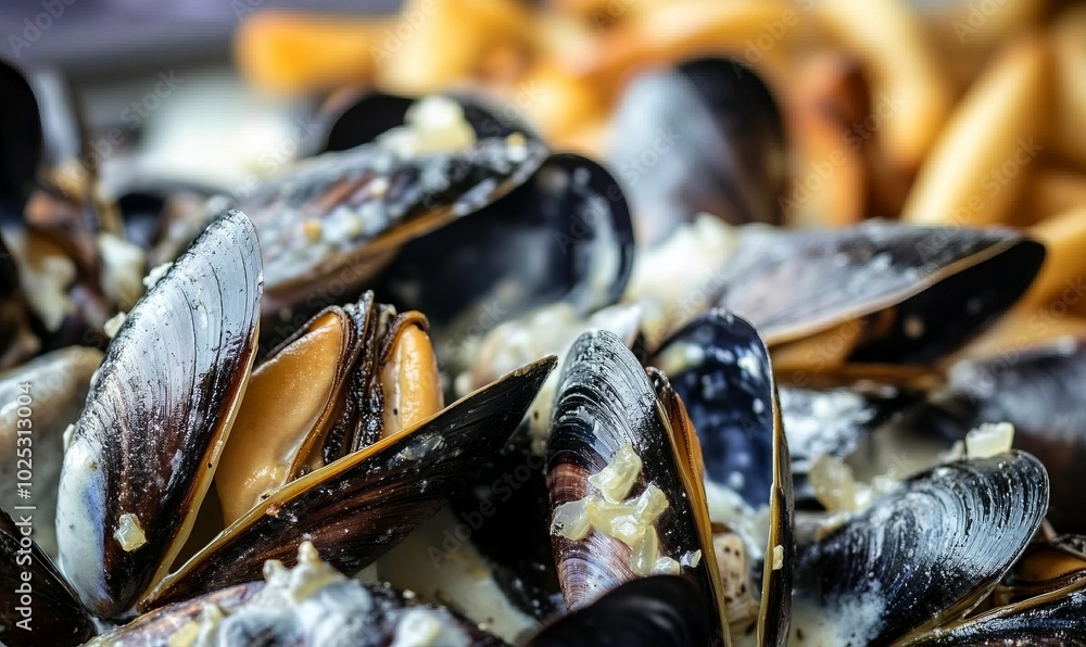 Full frame close-up of mussels with white wine, shallots, cream and french fries Full frame close-up of mussels with white wine, shallots, cream and french fries