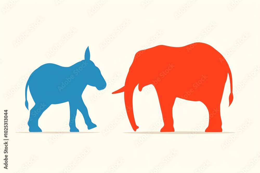 Obraz premium Republican elephant and democratic donkey. American political parties signs. 2024 Presidential elections. Vote day, November 5. US Election campaign. Party mascots. Flat illustration design