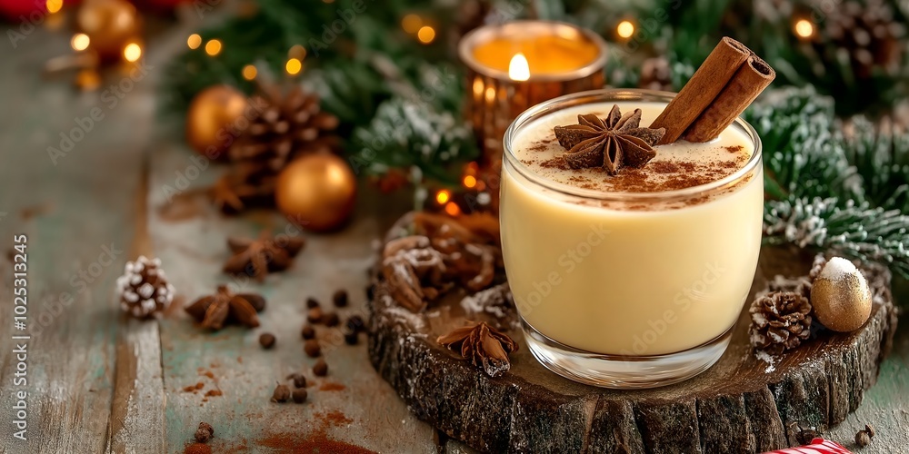 Creamy eggnog garnished with cinnamon stick and nutmeg sprinkles, embodies Christmas spirits, print for Xmas, winter holidays and National Eggnog Day Creamy eggnog garnished with cinnamon stick and nutmeg sprinkles, embodies Christmas spirits, print for Xmas, winter holidays and National Eggnog Day